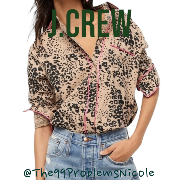 J.Crew Leopard Print Button Up Shirt with Pink Trim - Picture 2 of 8